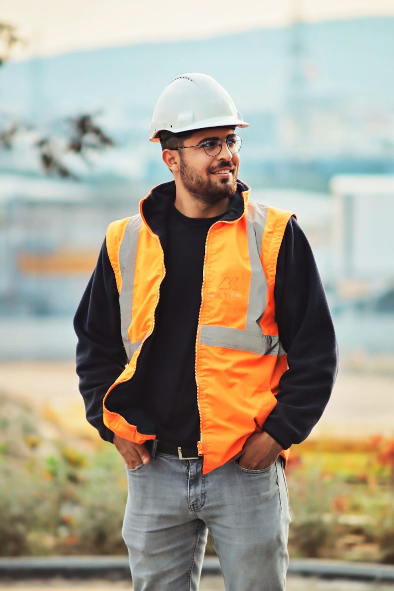 Site lead in a hard hat and safety vest